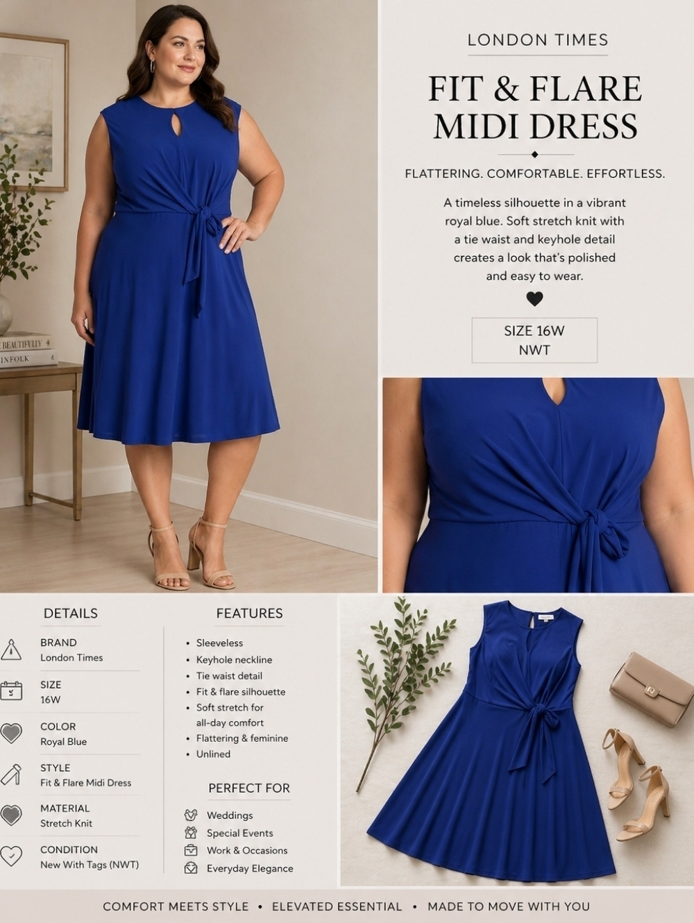 London Times Royal Blue Fit & Flare Midi Dress Sz 16W NWT Tie Waist Keyhole Neck